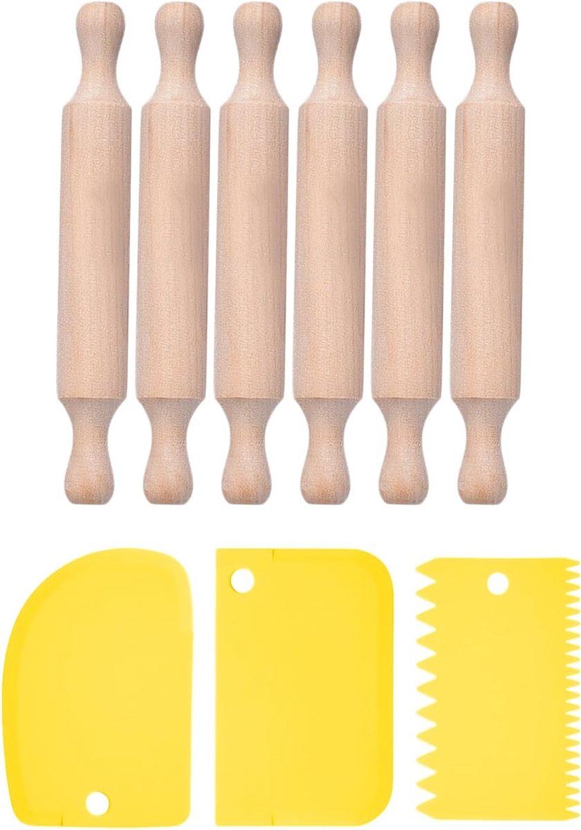 Mini houten deegroller set 6 stuks - met 3 spatels - perfect voor bakken - ideaal voor deegverwerking - ShopVlot