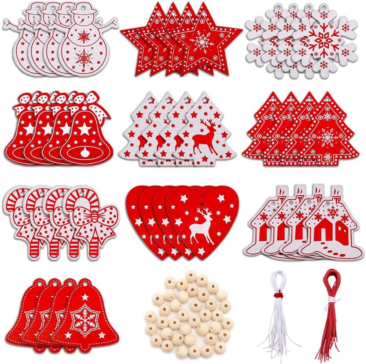 Houten kerstornamenten 40 stuks - met katoenen draad en kralen - kleurrijke kerstdecoratie - ShopVlot