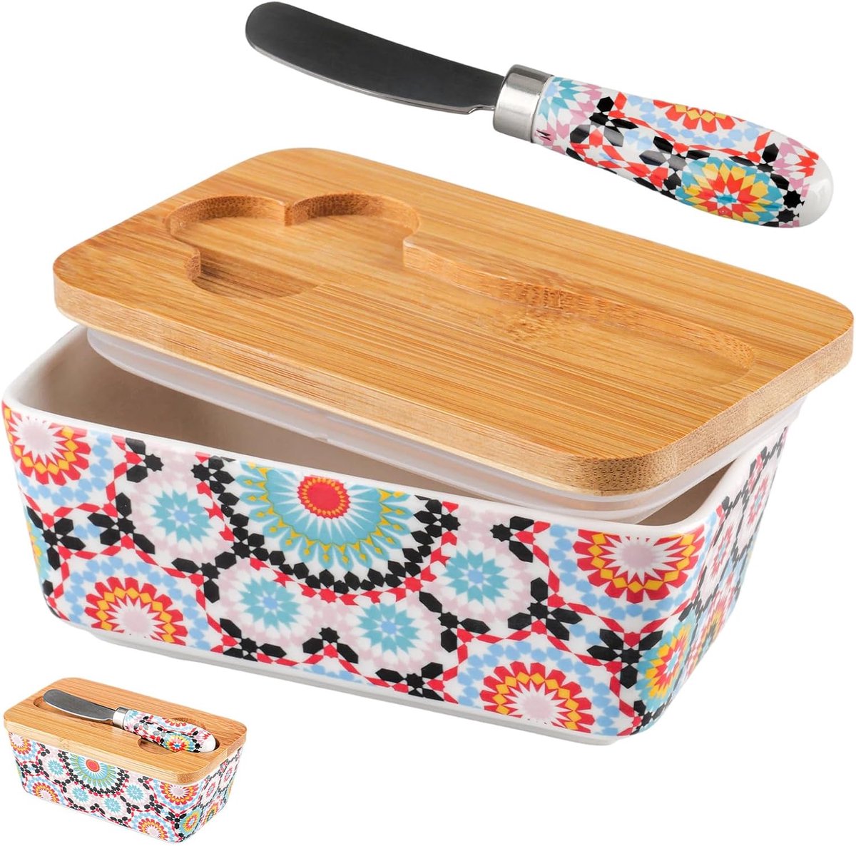 Botervloot 250 g - keramiek met bamboedeksel - kleurrijke boho-stijl - luchtdicht en vaatwasmachinebestendig - ShopVlot