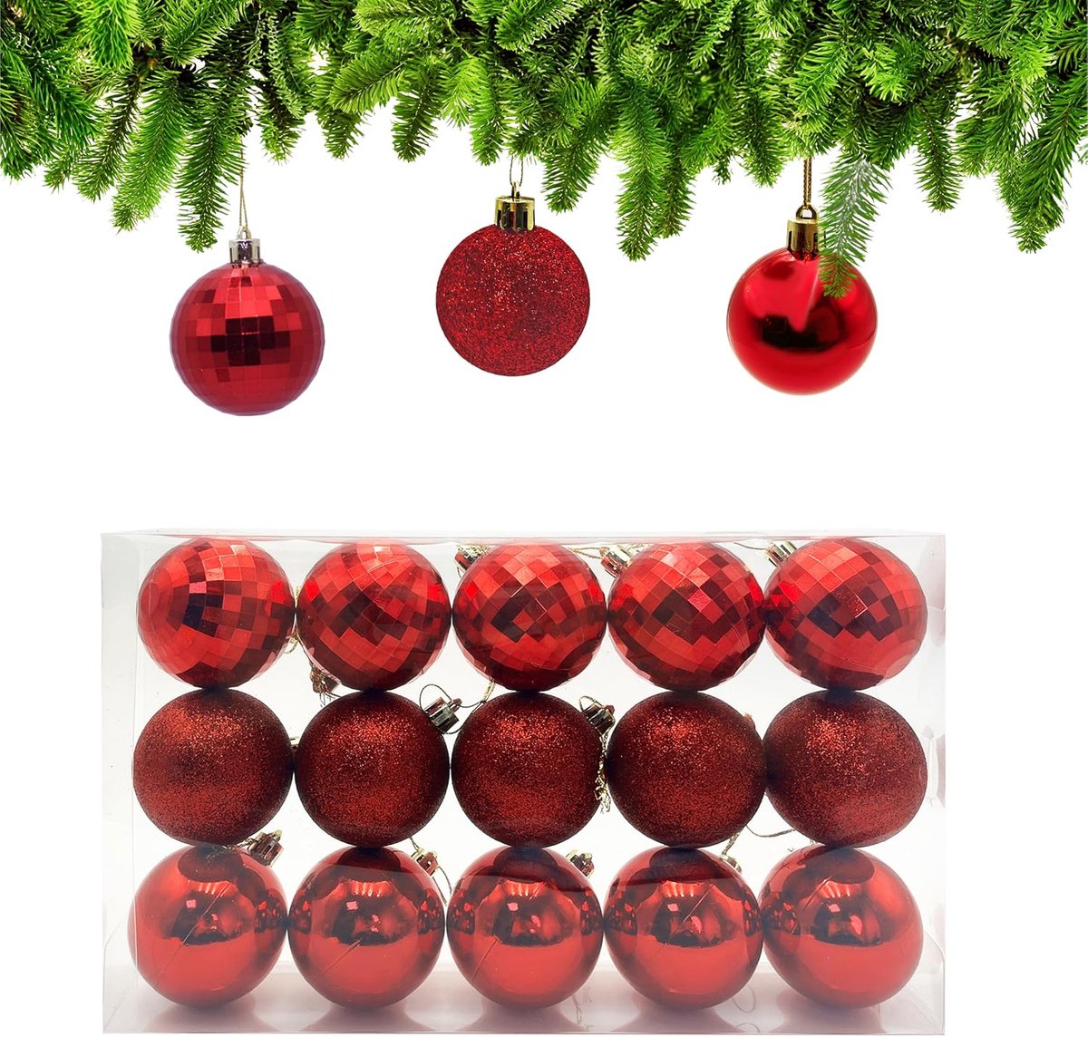 Kerstballen 15 stuks Rood Ø 6cm - Plastic Decoratie - Shiny, Glitter en Geometrisch - Voor Kerstboom en Feestdagen - ShopVlot