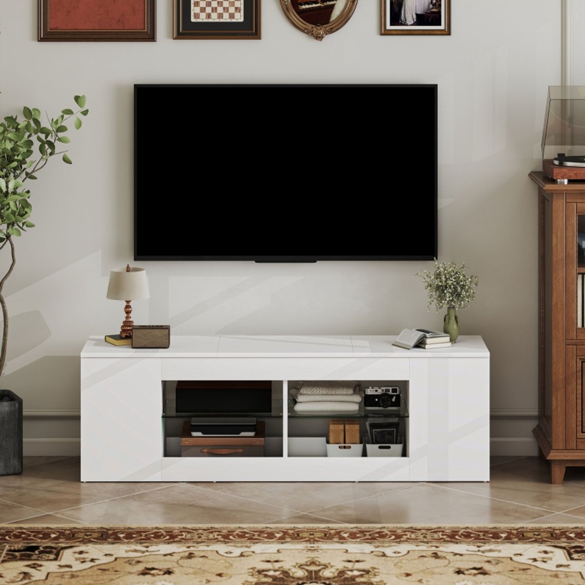 TV Meubel - 140 Cm TV Kast Met 6 Vakken En 2 Glazen Planken - Voor Woonkamer En Entertainment - Spaanplaat - Wit - 140x35x42,5 Cm