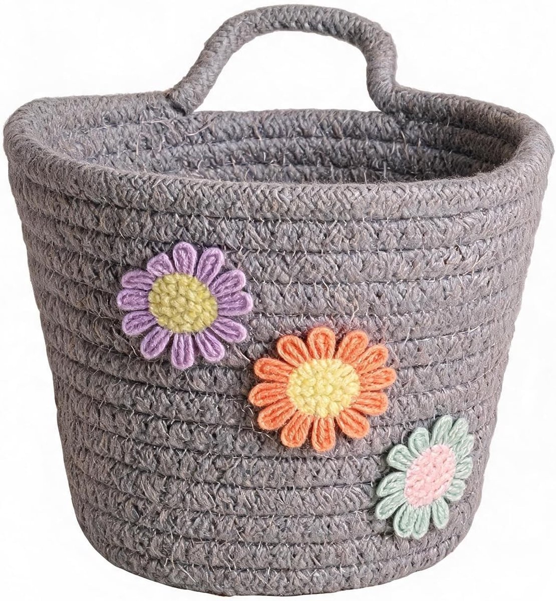 Gevlochten katoenen hangmand voor sleutels, handdoeken en speelgoed - Boho-opbergmand voor badkamer, keuken en woonkamer, 15,5 x 9 x 12 cm (grijs)