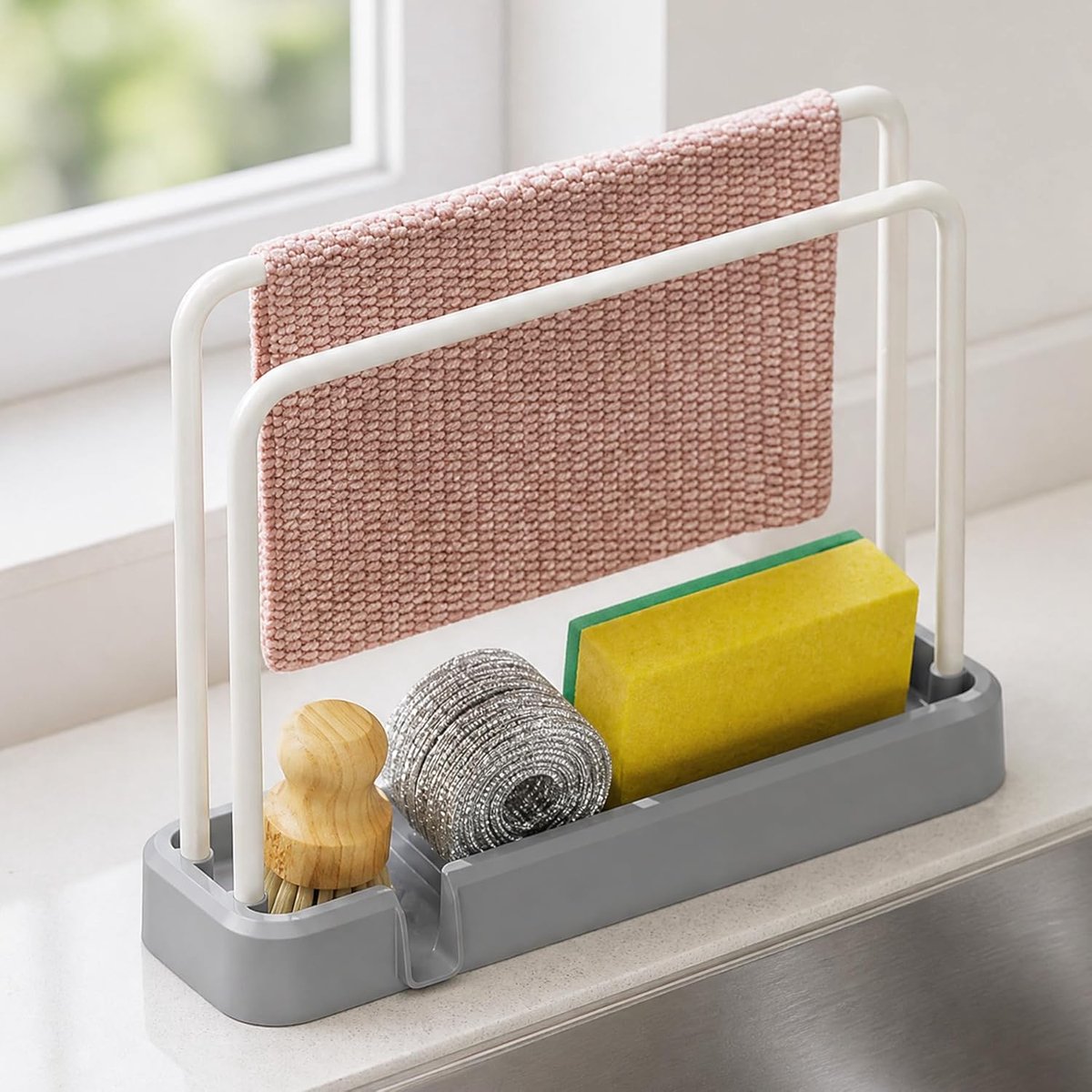 Gootsteenorganizer, afdruiprek met afdruipbak, multifunctionele spons- en afwasborstelhouder, handdoekhouder - ShopVlot
