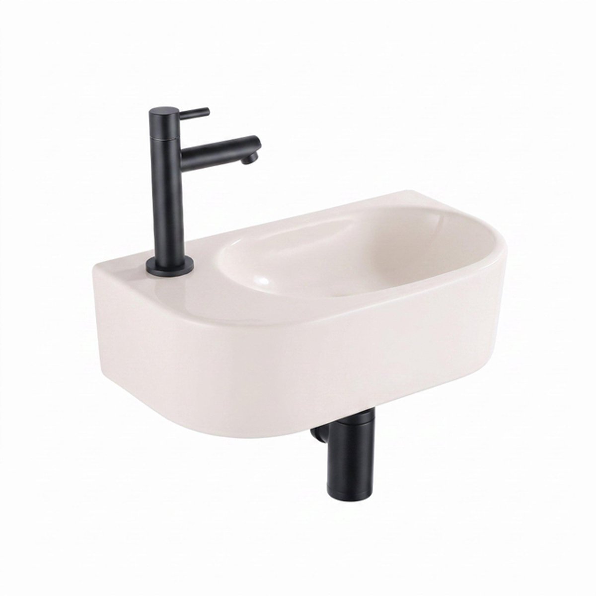 QeramiQ Fuente Fontein - 40x22x12cm - glad - halfrond - fonteinkraangat links - keramiek - fonteinkraan mat zwart - verlaagd sifon - afvoerplug - linnen