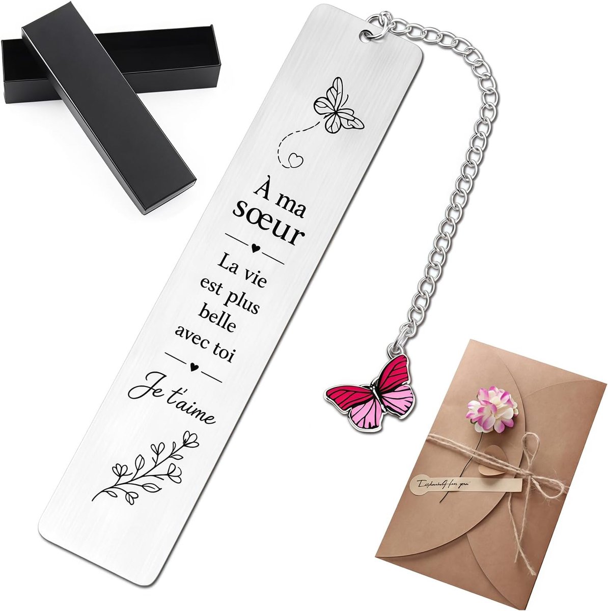 Cadeau zus bladwijzer vlinder met elegante doos en envelop, cadeau voor zus, verjaardag, Kerstmis, dames, cadeau-idee - ShopVlot