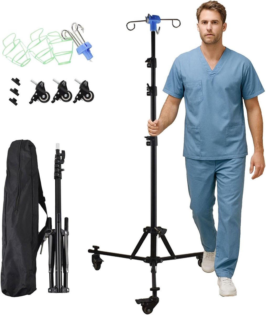 Verstelbare infusiestandaard met wielen, opvouwbare IV-stang - ShopVlot
