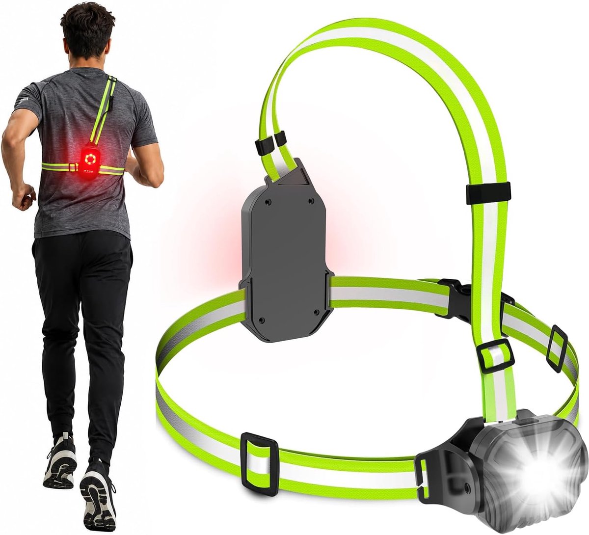 KZQ Oplaadbaar hardlooplicht met achterlicht - 4 modi en 360° reflecterend vest - IPX4 waterdicht - Verstelbaar voor wandelen fietsen en hiking - Zwart