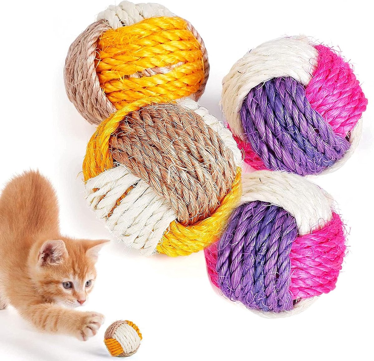 Seasboes 4 Pcs Sisal Rope Balls, Cat Toy Balls, Environmentally Friendly Cat Balls, Pet Scratching Ball, Interactive - ShopVlot
