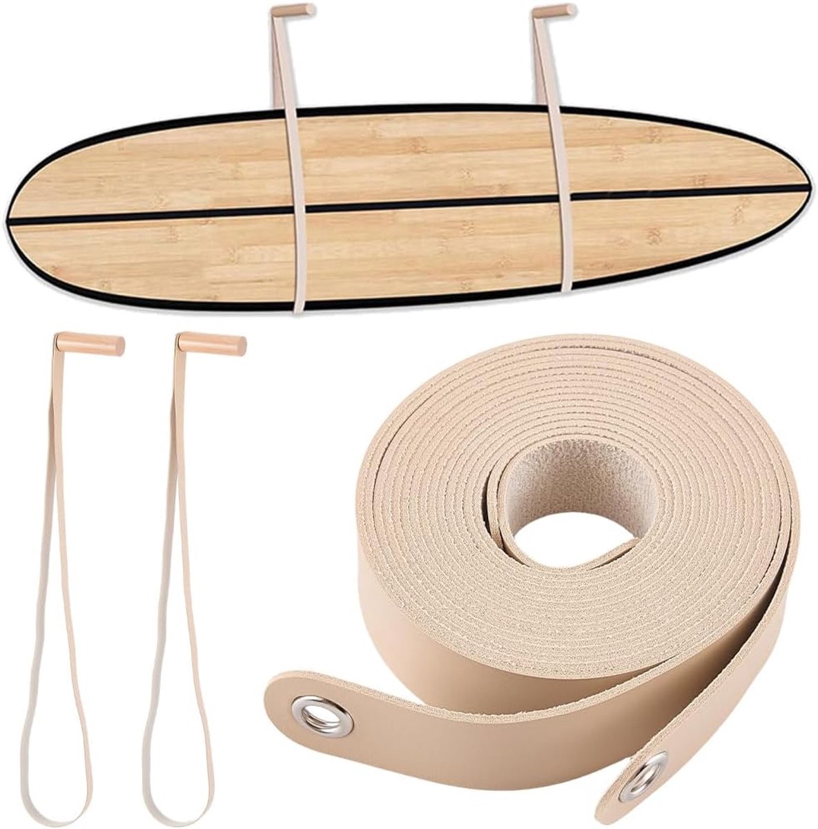 Wandhouder van PU-leer voor surfplank met duurzame houten riem en pluggen. Wandhouder van leer voor surfplank - ShopVlot