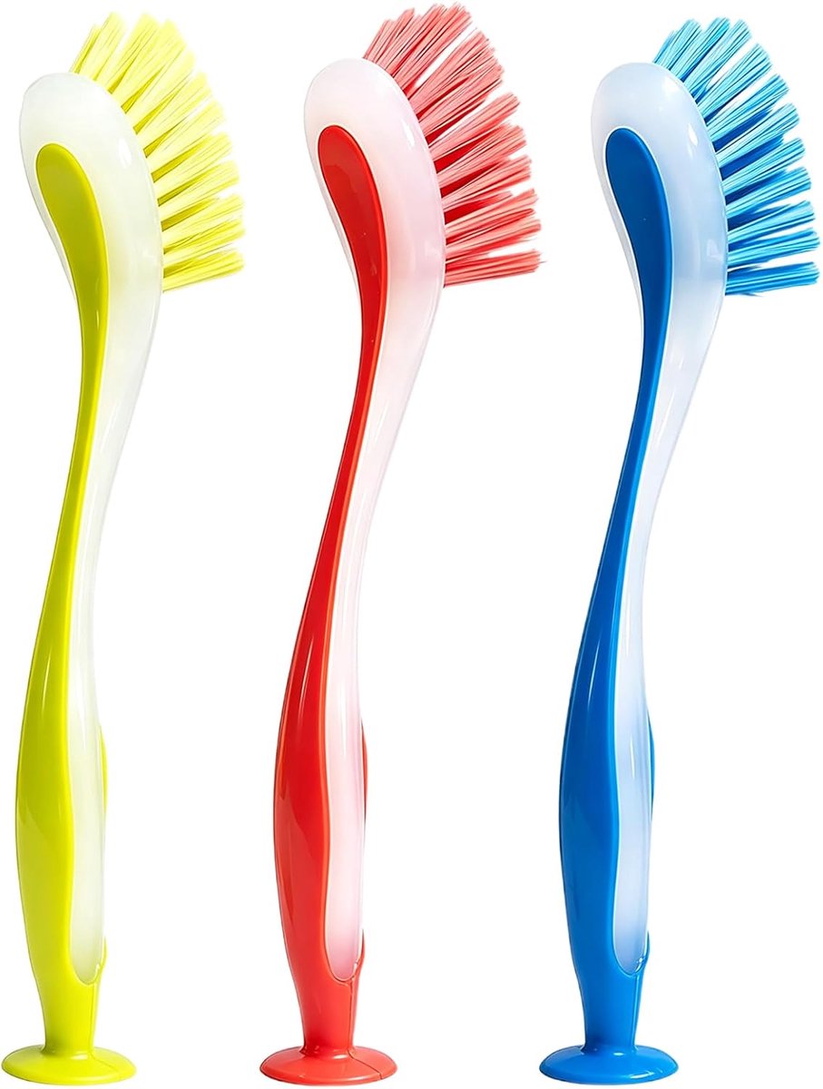 3 stuks afwasborstel, 24,5 x 3 cm, afwasborstel met zuignap, ergonomische keukenborstel om af te wassen - ShopVlot