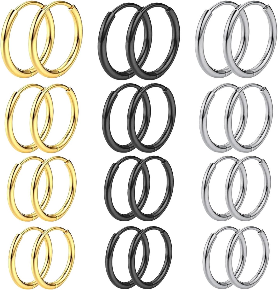 Hoopoorbellen 12 paar - Goud/Zilver/Zwart - Roestvrij staal - Hypoallergeen, veelzijdig gebruik - ShopVlot