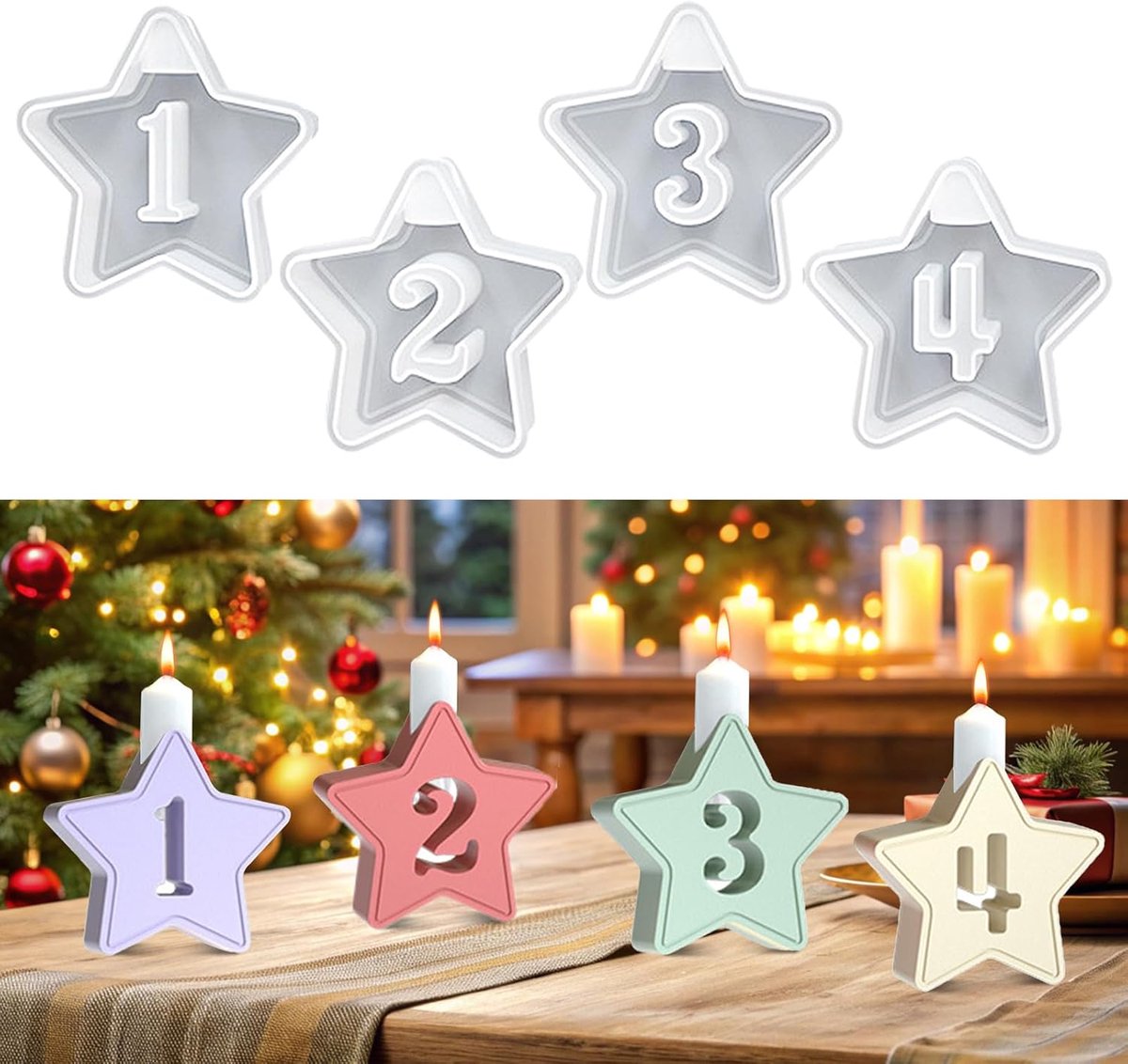 4 stuks siliconen kaarshouders Kerstmis, 1-4 cijfers, sterren, gietvorm, siliconen kaarsenhouder, doe-het-zelf - ShopVlot