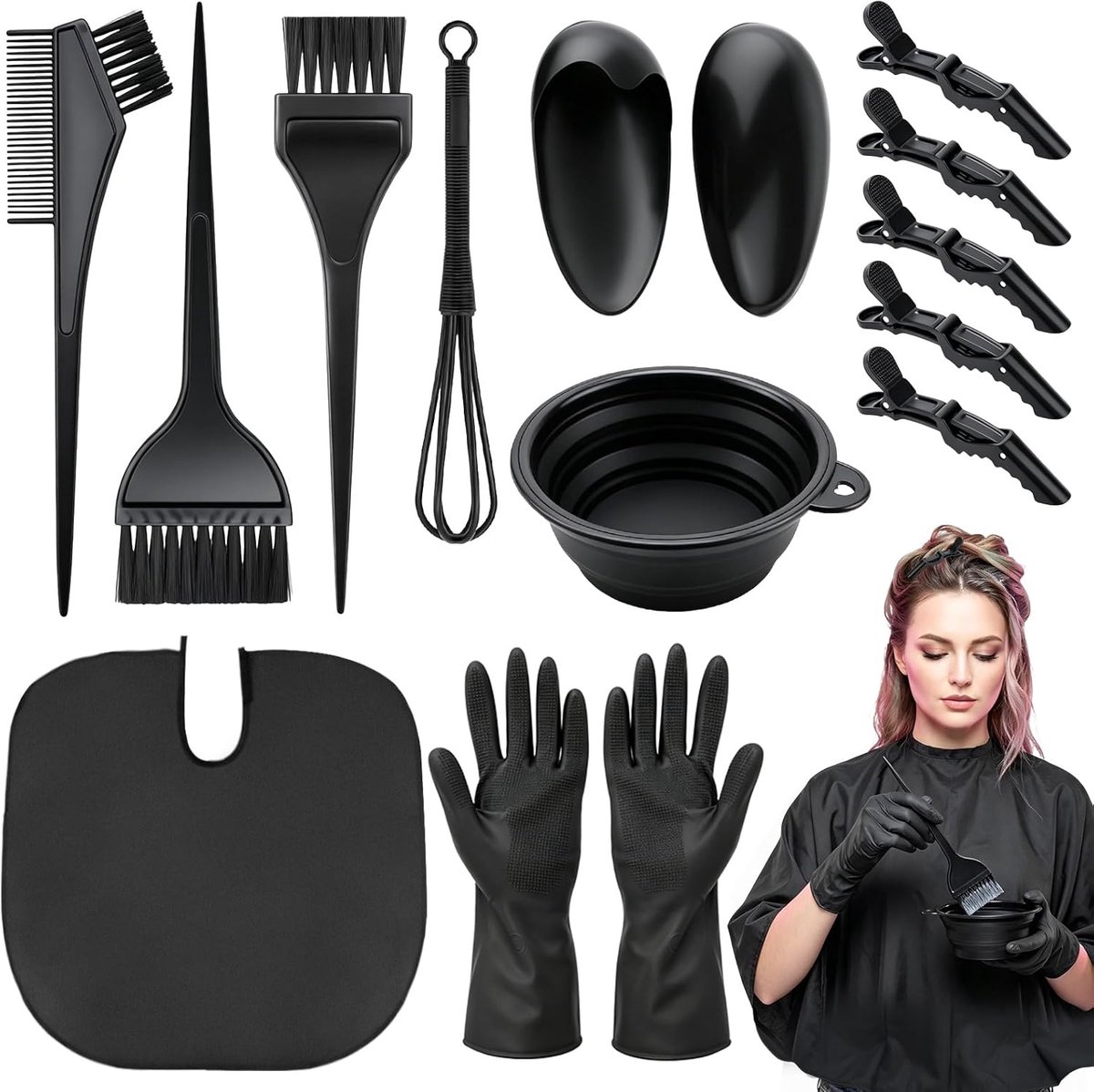 Haarverfkwastenset, 13 stuks kwasten, haarverfaccessoires, haarverfset met capes, handschoenen, borstelkam - ShopVlot