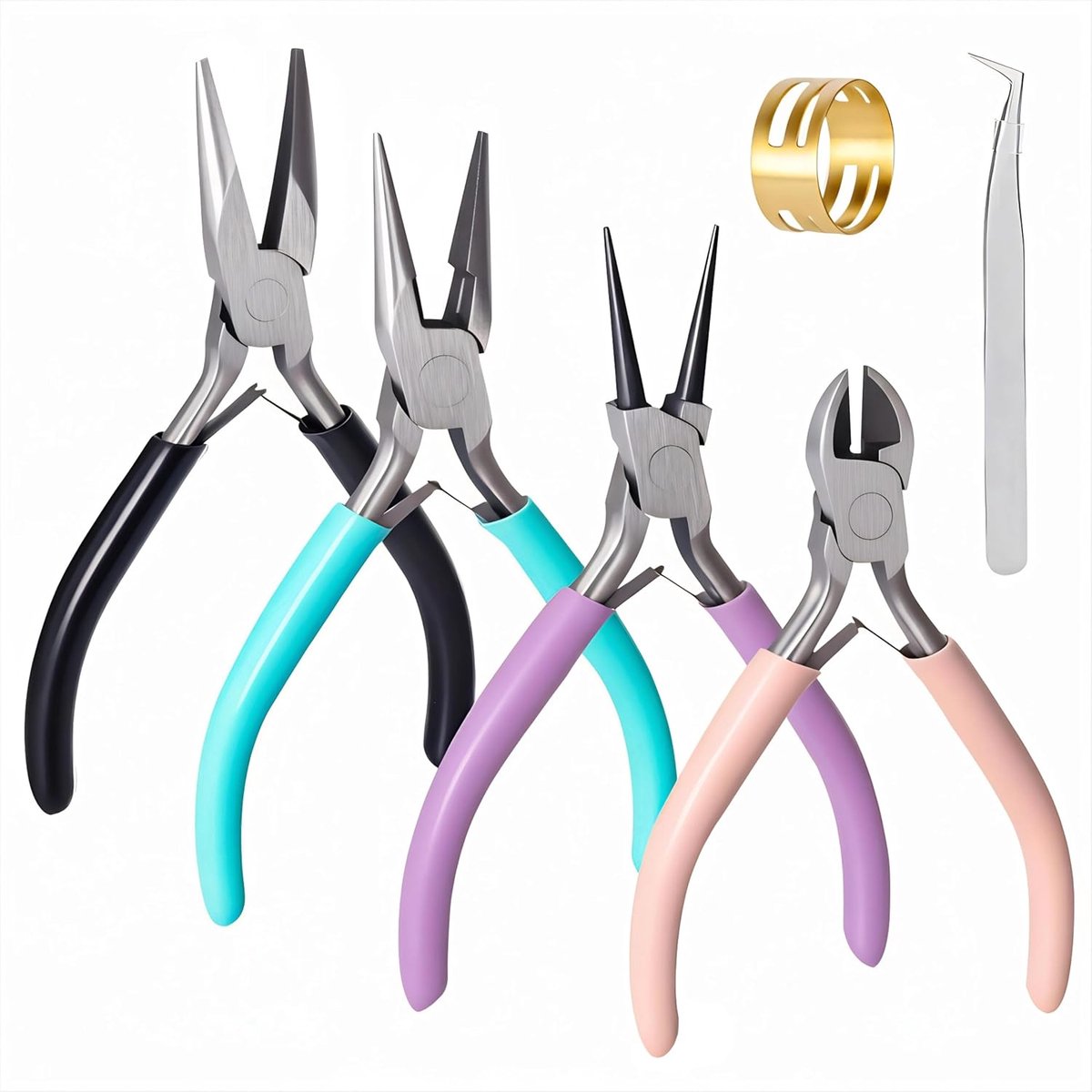 Juwelenmaak tangenset 4-delig - Ronde neus, ketting en draadknipper - Gebogen met veer ringopener - ShopVlot