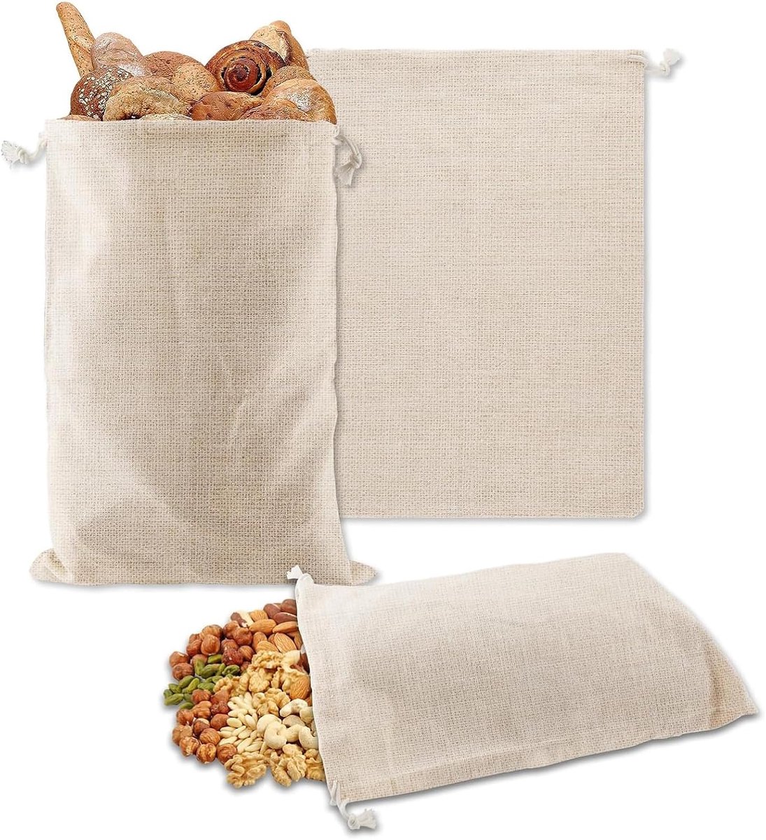 Linnen broodzakken set van 3 - 30 x 40 cm - herbruikbaar - houdt brood en fruit vers - ShopVlot