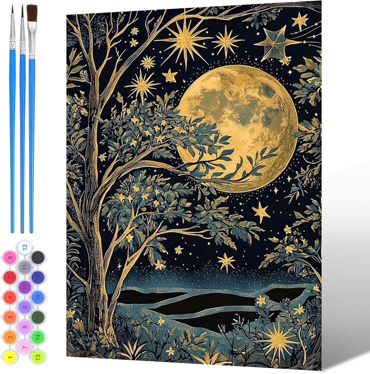 Schilderen op Nummer Full Moon en Sterren - DIY Acrylverf op Canvas - Creatieve Hobby voor Beginners - ShopVlot