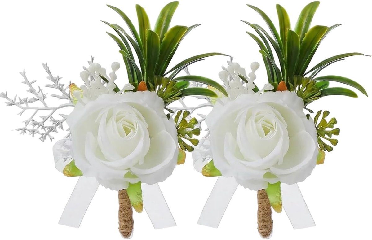 Boutonnière set van 2 witte rozen - kunstbloemen - met pins en clips - perfect voor bruiloften - ShopVlot