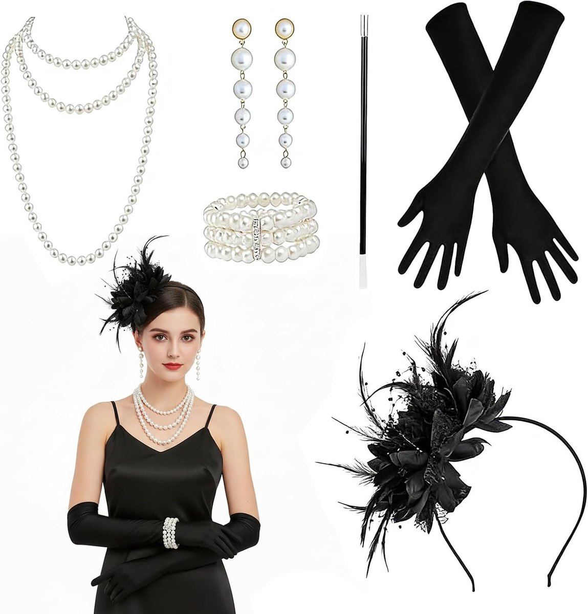1920s kostuumaccessoires set - 6 stuks - zwart en wit - vintage design - perfect voor Gatsby themafeest - ShopVlot