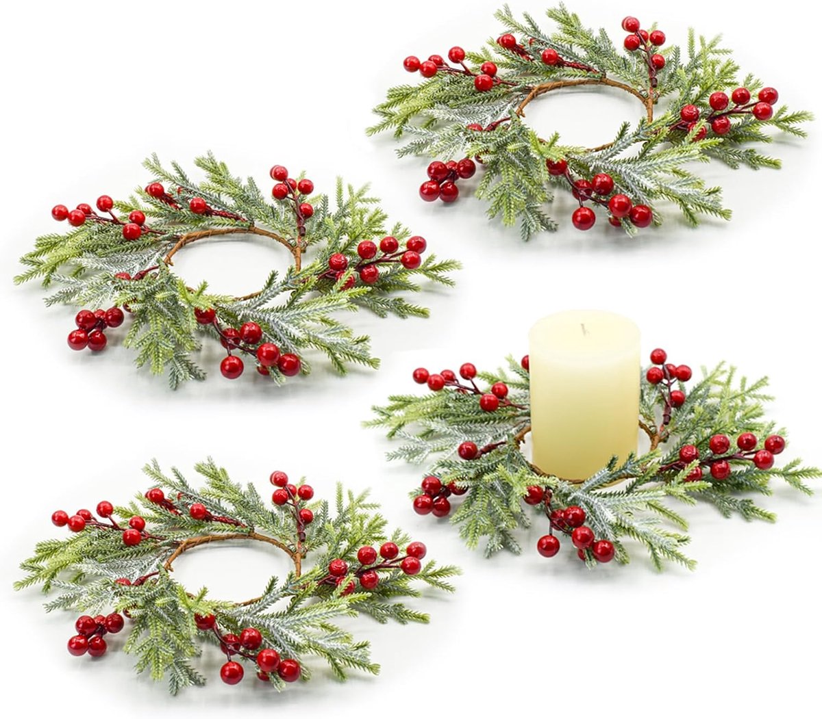 Kerst kaars ringen 4 stks - rode bessen - besneeuwde pine garland - sfeervolle decoratie voor tafel - ShopVlot