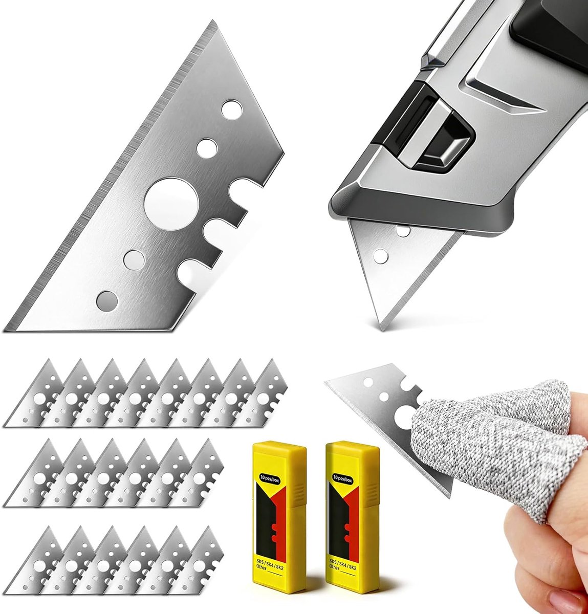 Cuttermes trapezium 52 mm - vervangbladen 20 stuks - snijbescherming met 2 vingers - veilig werken - ShopVlot