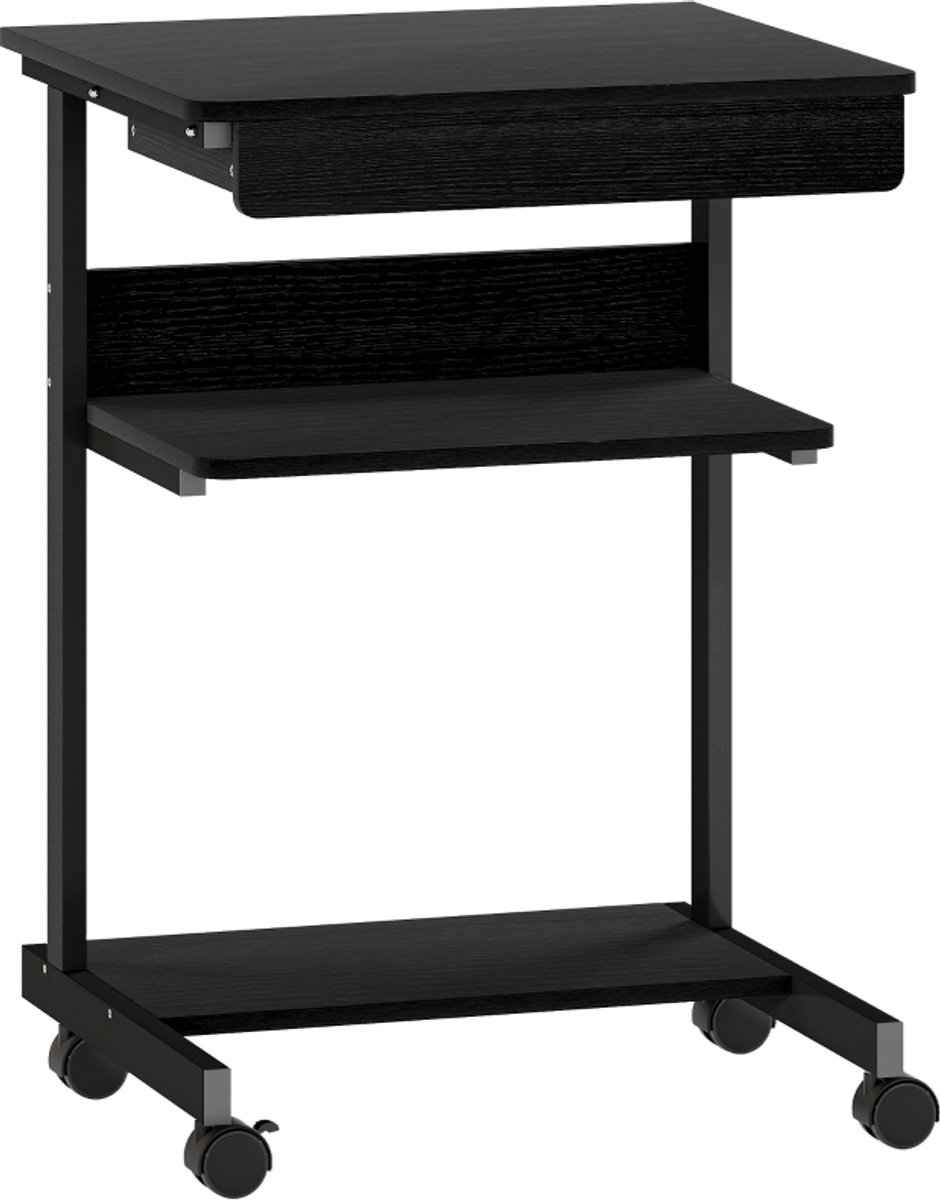 Mobiel Computerbureau Met Wielen - Compact Bureau Met Lade En 2 Planken - Vergrendelbare Zwenkwielen - 56x51x79 cm - Zwart