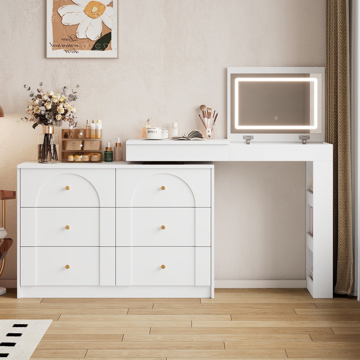 Make-up Tafel 105x40x80 cm - Draaibare Toilettafel Met LED Spiegel En 7 Laden Wit