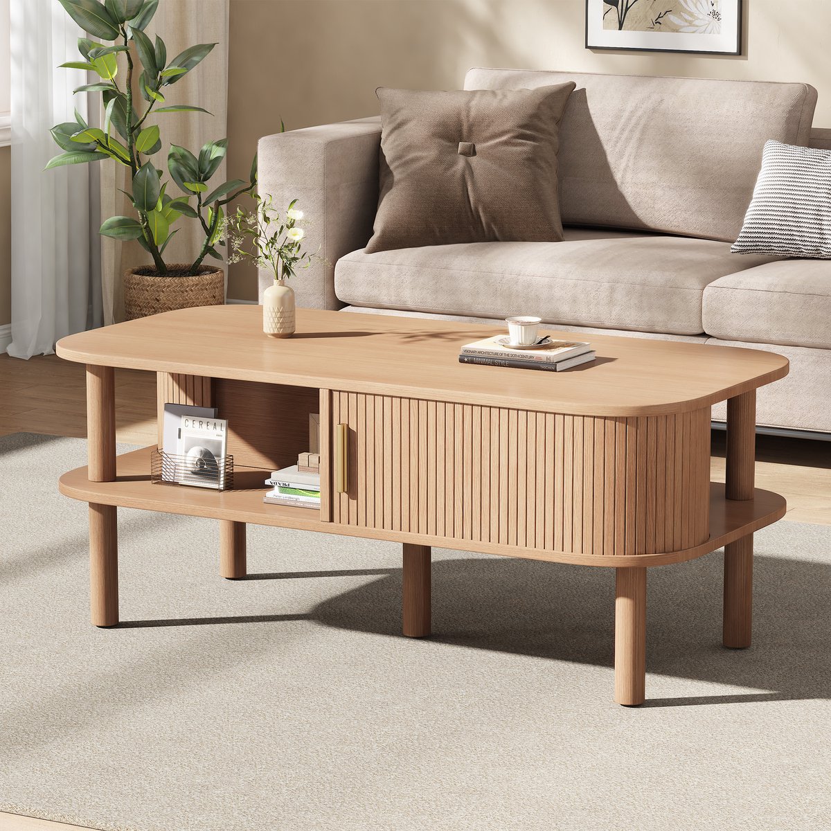 Salontafel 110x55x45 cm - Houten Tafel Met Schuifdeur En Open Opbergvakken - MDF Natuur