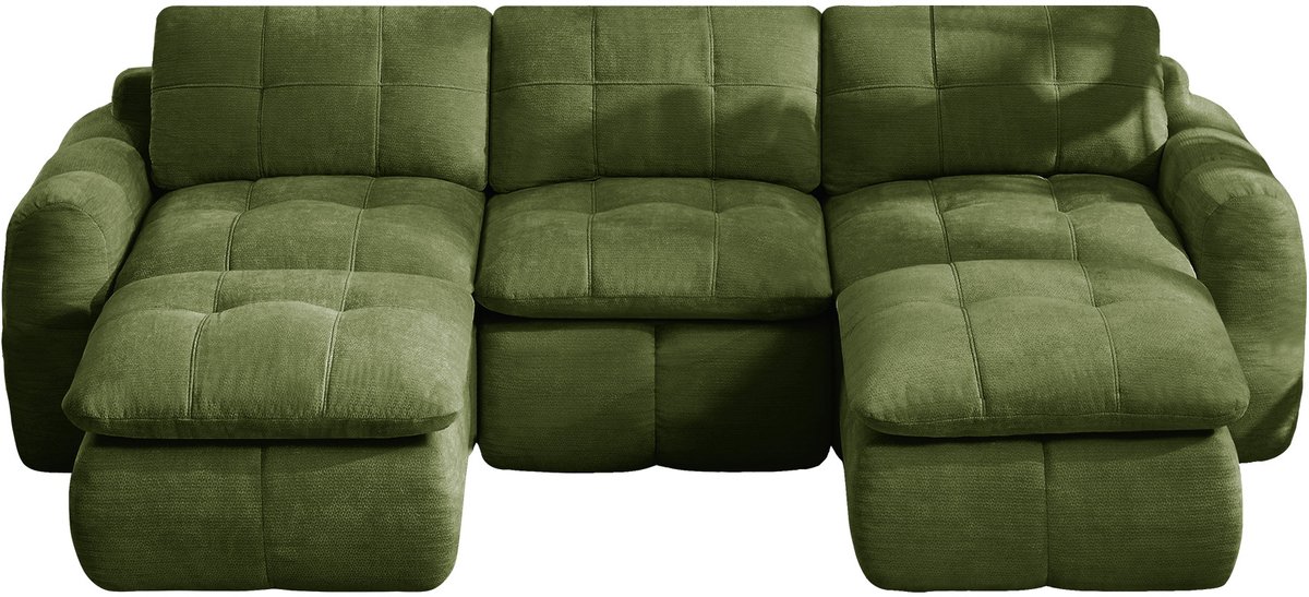 OKWISH U-bank – 3-Zits Modulaire Bank met 2 Ottomannen – Frameloos, Zonder Montage, Chenille – Voor Woonkamer en Appartement – Groen