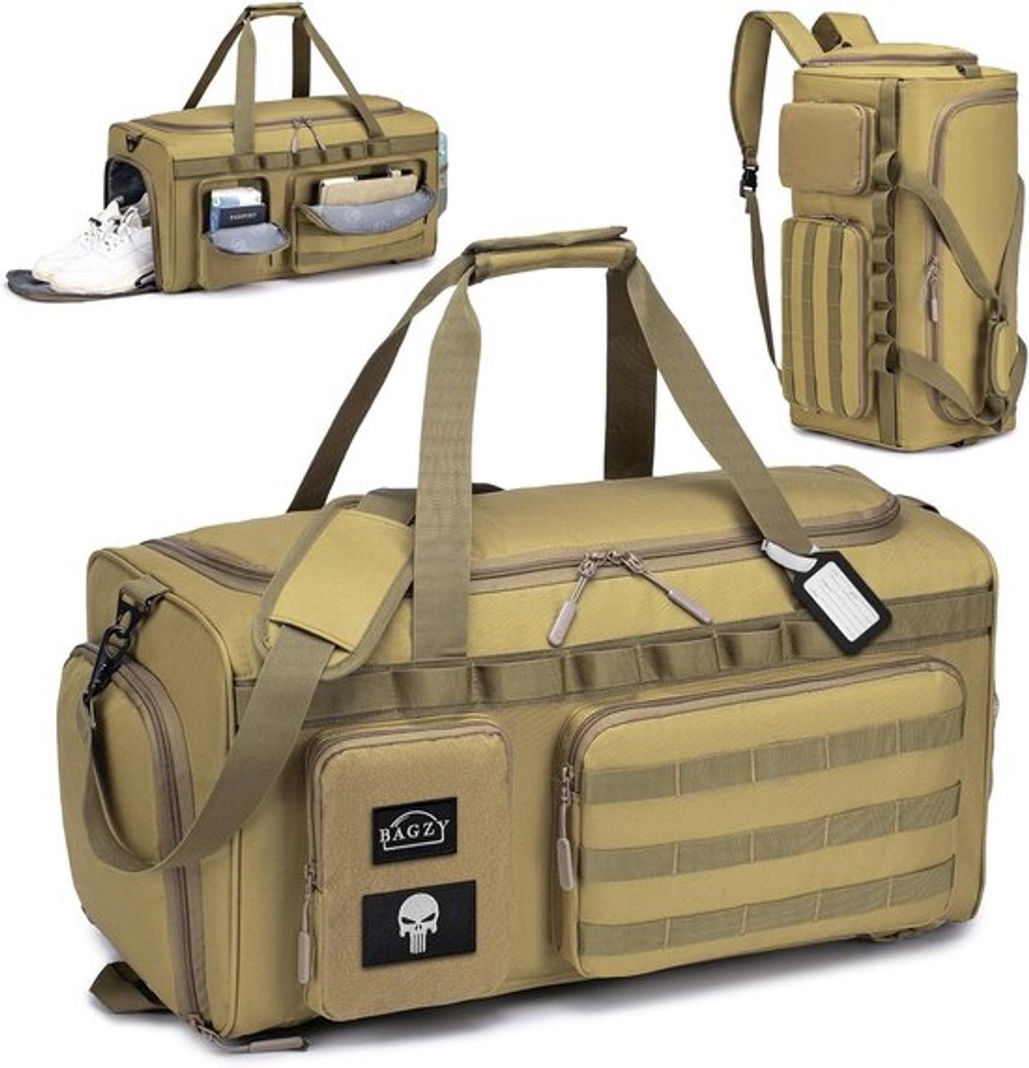 SnelShoppen - Tactical Travel Bag 55L Gym Bag met Schoencompartiment voor Mannen - Sporttas, Weekendtas, Campingrugzak in Khaki - Ideaal voor Fitness