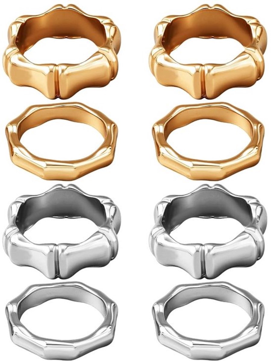 Scharnierringen set van 8 - Bamboe design - Goud/zilver - 18,5 mm binnendiameter - Ringaccessoires voor vrouwen - Inclusief opbergdoos - Vingerringen