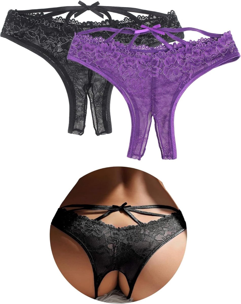 dames plus size slips - zwart + paars - kant thong - comfortabel en stijlvol - ShopVlot