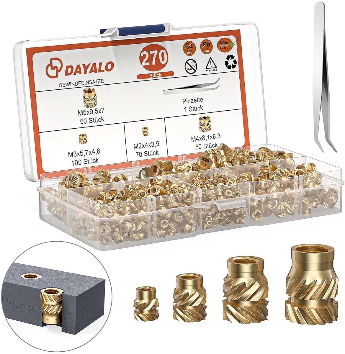 Dayalo Thread Inserts, 270 Pieces, M2, M3, M4, M5, Press Nuts for 3D Printing Accessories, Brass Threaded Bushings, by - ShopVlot