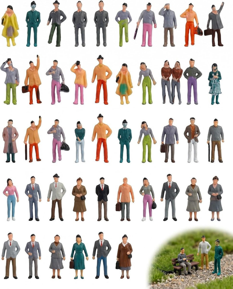 50 minifigures, painted persons, scale 1:75 (25 mm), sit and stand in different positions for model railways, diorams - ShopVlot