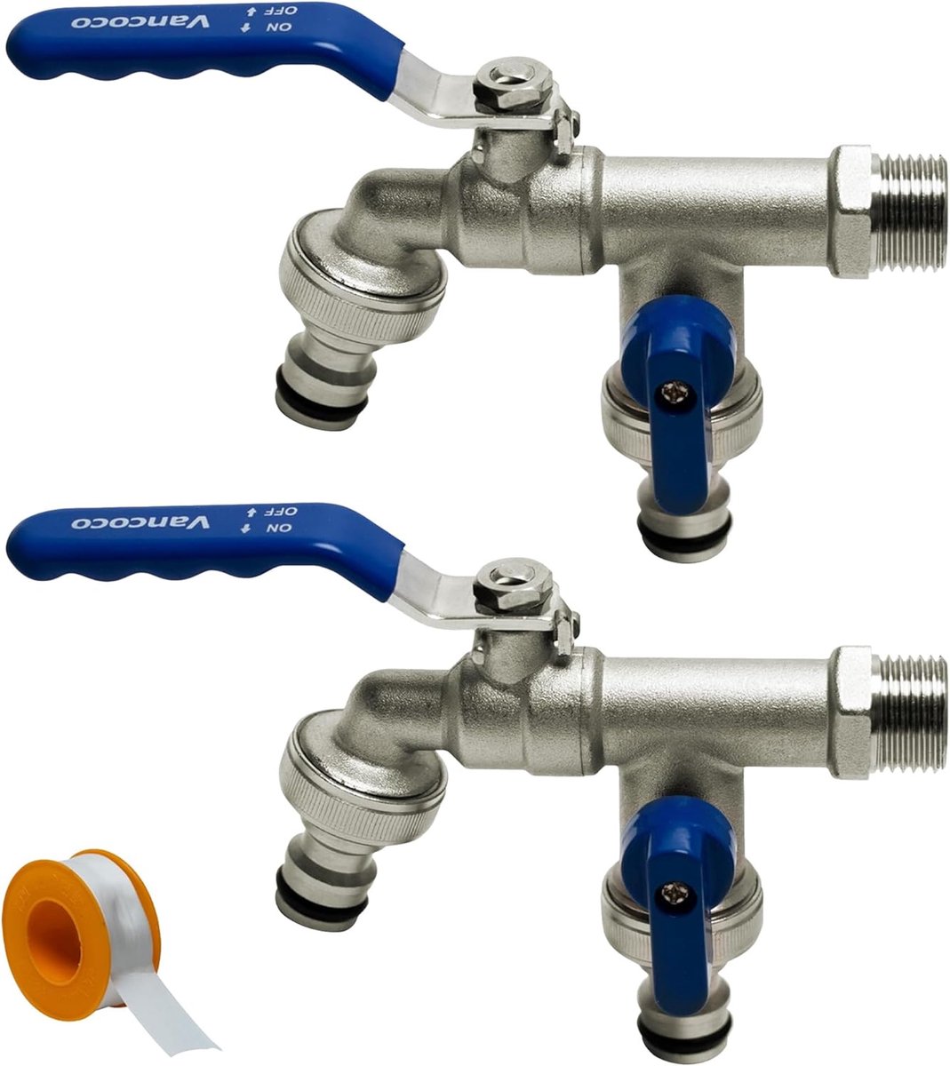 VANCOCO 2 Pcs Outdoor Double Ball Valve, 3/4 Inch Connection, 2 Hose Connections, Sealing Tape, Garden Tap for Rain - ShopVlot