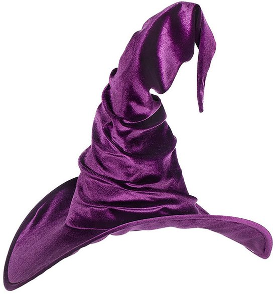 Chapeau de sorcière violet en velours avec une pointe torsadée et un large bord.