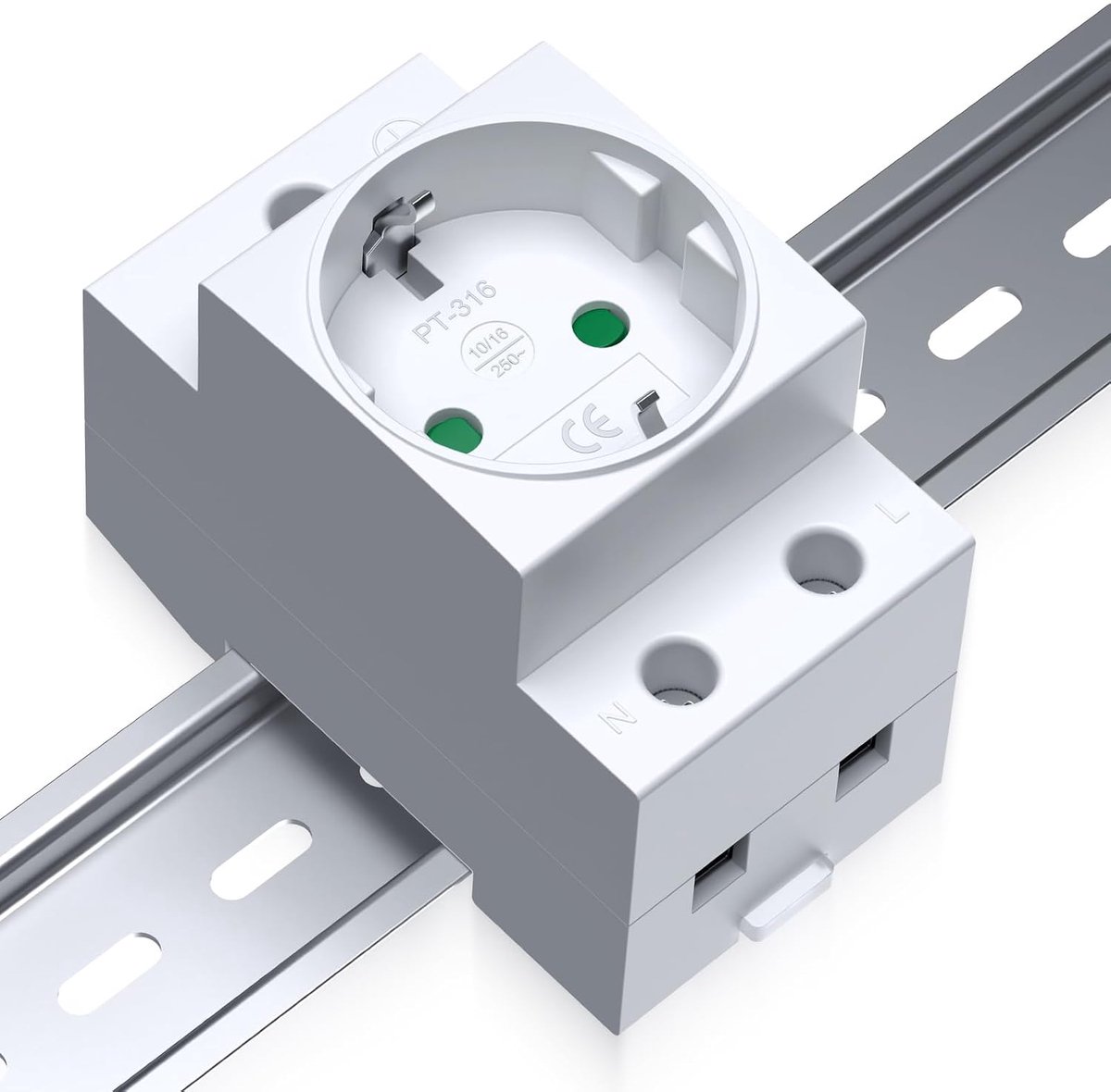 EYPINS Schuko Hutrailcontactdoos 10/16A 250V, 1 stuk - 35 mm DIN-rail, 2,5TE, 2P+E, aanraakbescherming, voor - ShopVlot