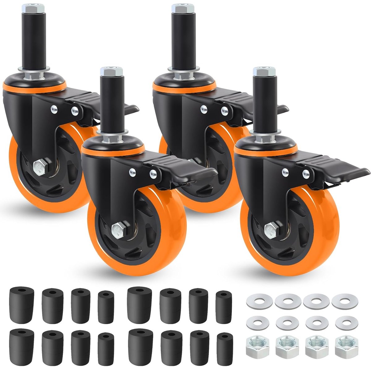 Orange swivel castors set, 100 mm heavy duty castors with locking mechanism, 4 pieces, incl. expansion adapter 23-40 mm - ShopVlot