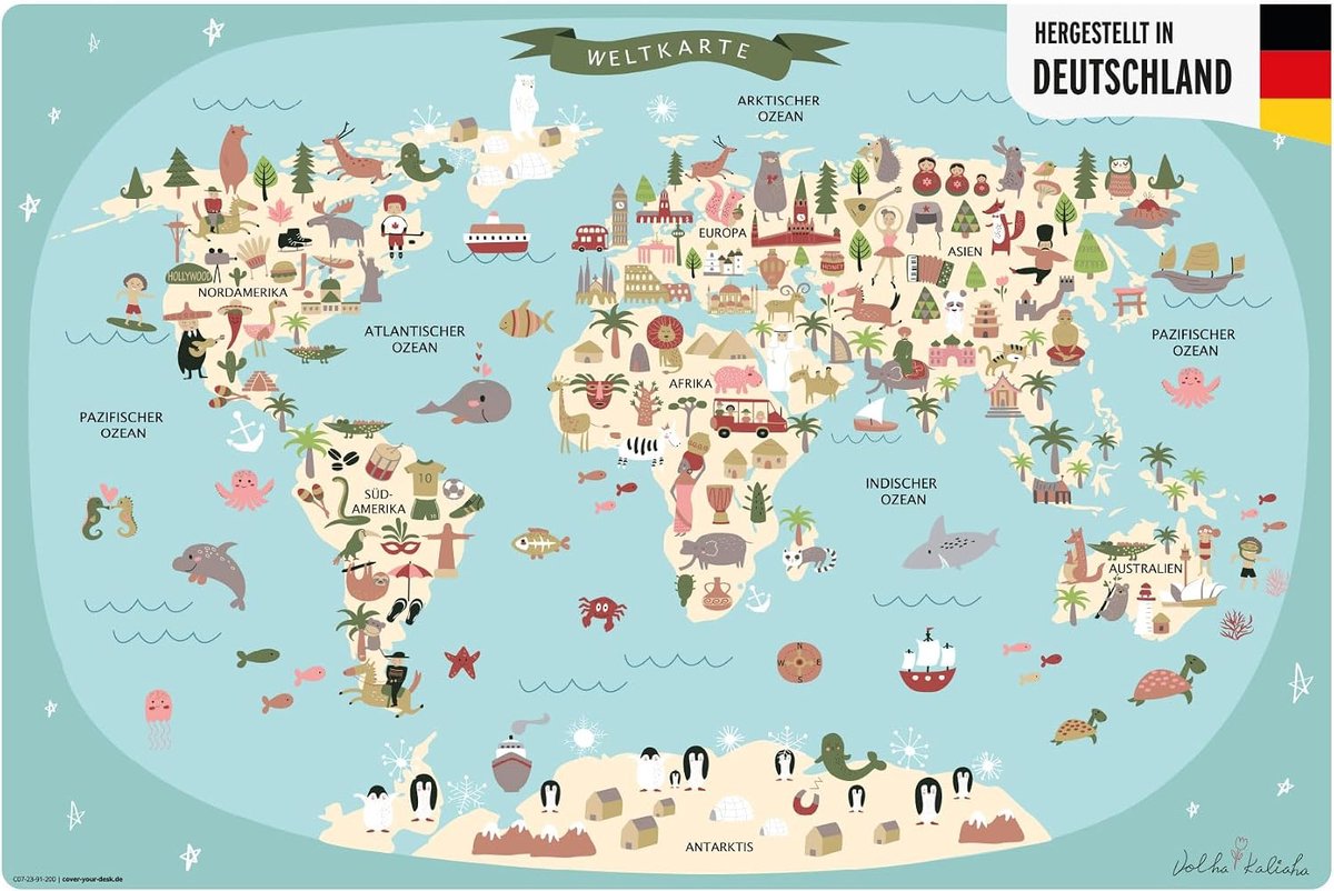 Washable Desk Mat, Children's World Map in Blue with Animals in German, 60 x 40 cm, Made of High-Quality Vinyl - ShopVlot