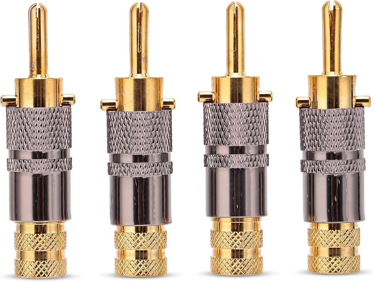 Set van 4 Stuks 8.7mm Bananenpluggen - 24K Goud Geplateerde Audio Connector voor Speakers, Versterkers en A/V Ontvangers