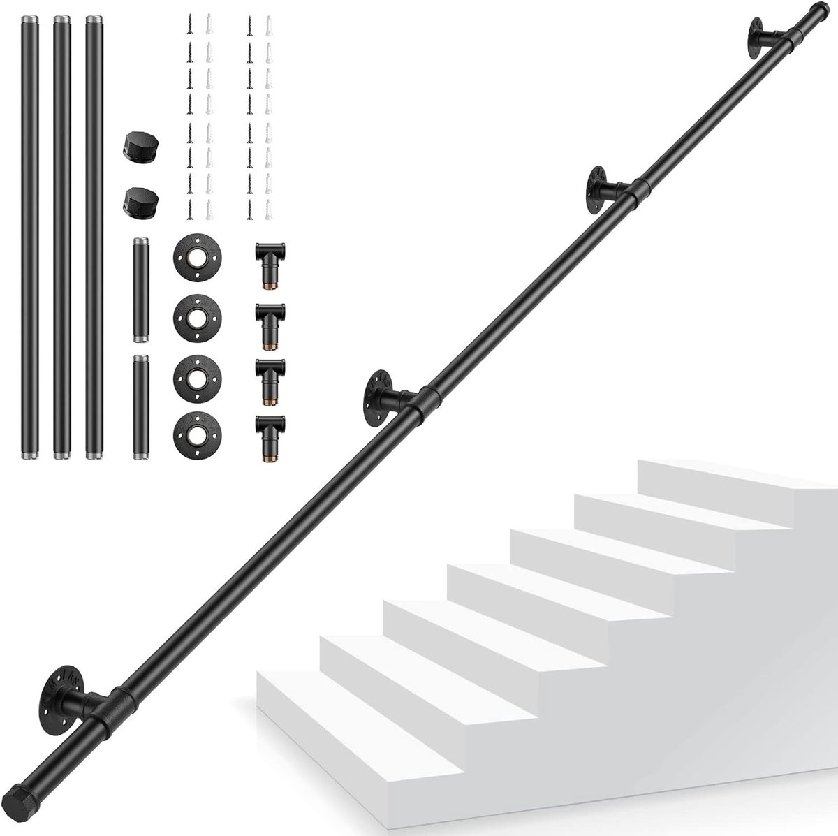 Robuuste Zwarte Stalen Trapleuning voor Binnen en Buiten - Galvaniseerd, Antislip, Ideaal voor Keuken, Badkamer en Tuin - 3 Meter Lang