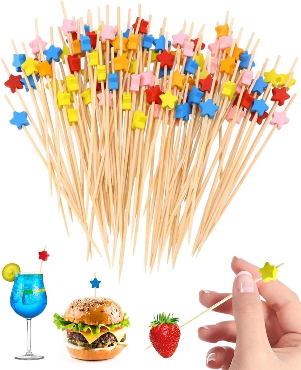 Pack of 100 Cocktail Skewers, 12 cm Cocktail Decoration, Cocktail Sticks, Finger Food Skewers, Wooden Toothpicks with - ShopVlot