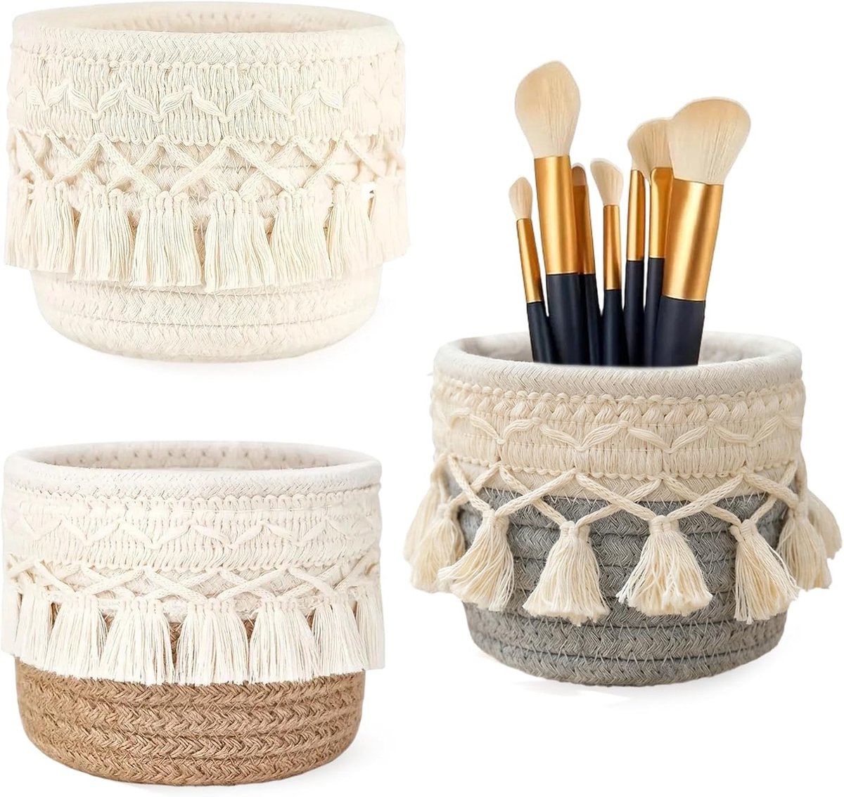 3 stuks penseelhouders, mand, boho penseelhouder, cosmetica, mini-kwasten, opslag met kwasten voor make-uptafel - ShopVlot