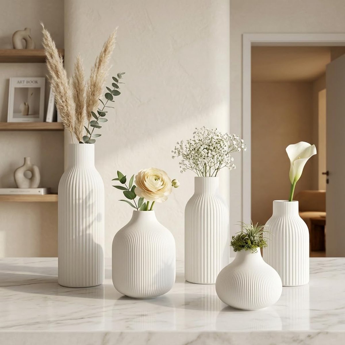 White Ceramic Vase Set, 5 Pieces, Iconic Home Vase for Pampas Grass and Dried Flowers, Modern Table Decoration - ShopVlot