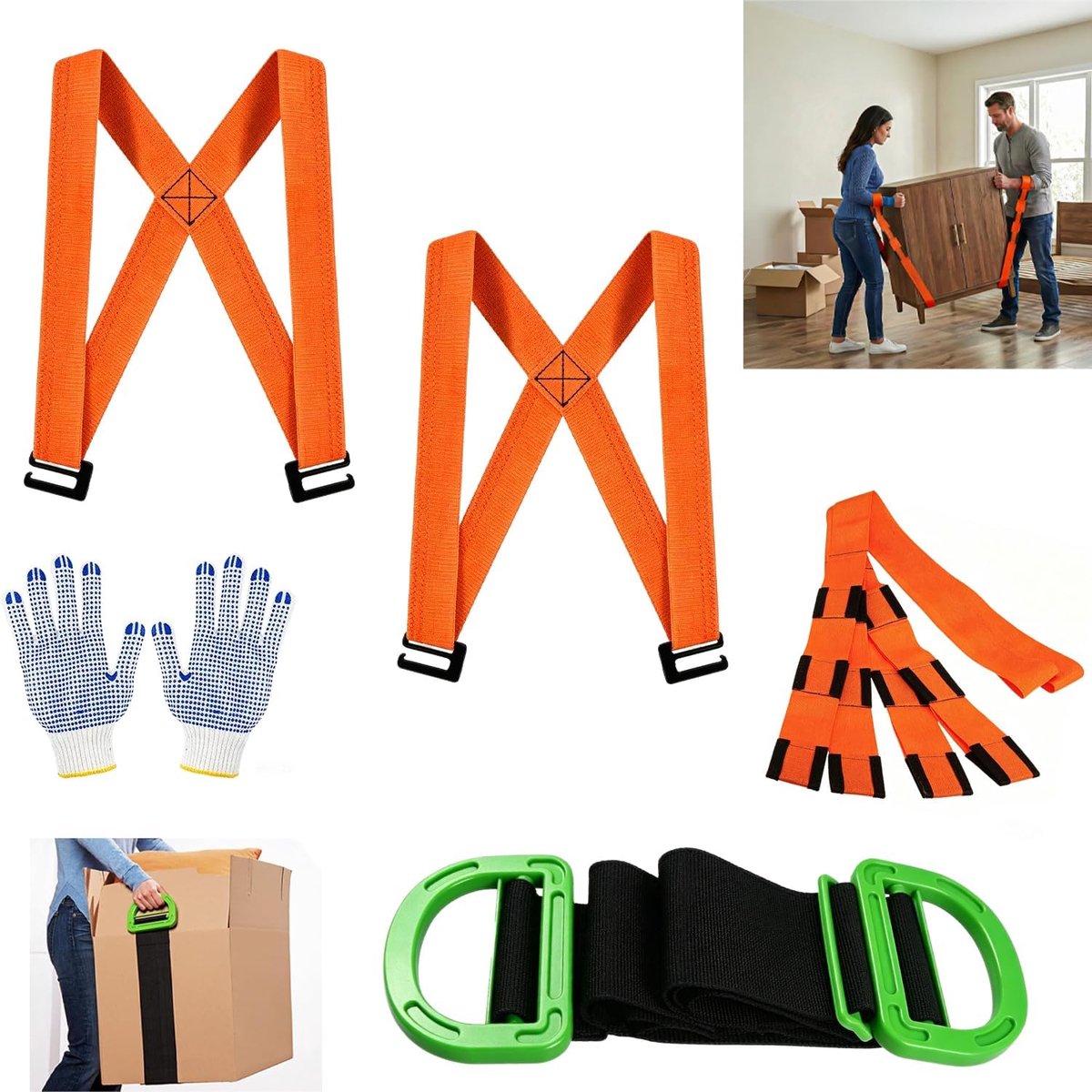 Verhuisriem voor twee personen, verhuisbandset met antislip handschoenen, verstelbare en opvouwbare verhuisriemen - ShopVlot