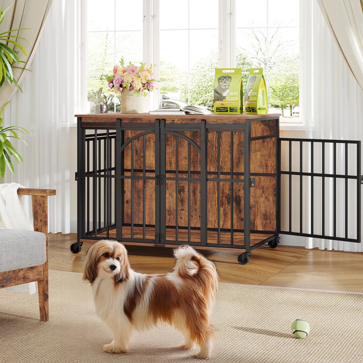 Hzuaneri Hondenbench Meubels met Wielen, 95 cm Vierdeurs Kennel met Schuifdeuren, Moderne Houten Binnenhondenkooi voor Kleine en Middelgrote Honden, Vintage Bruin