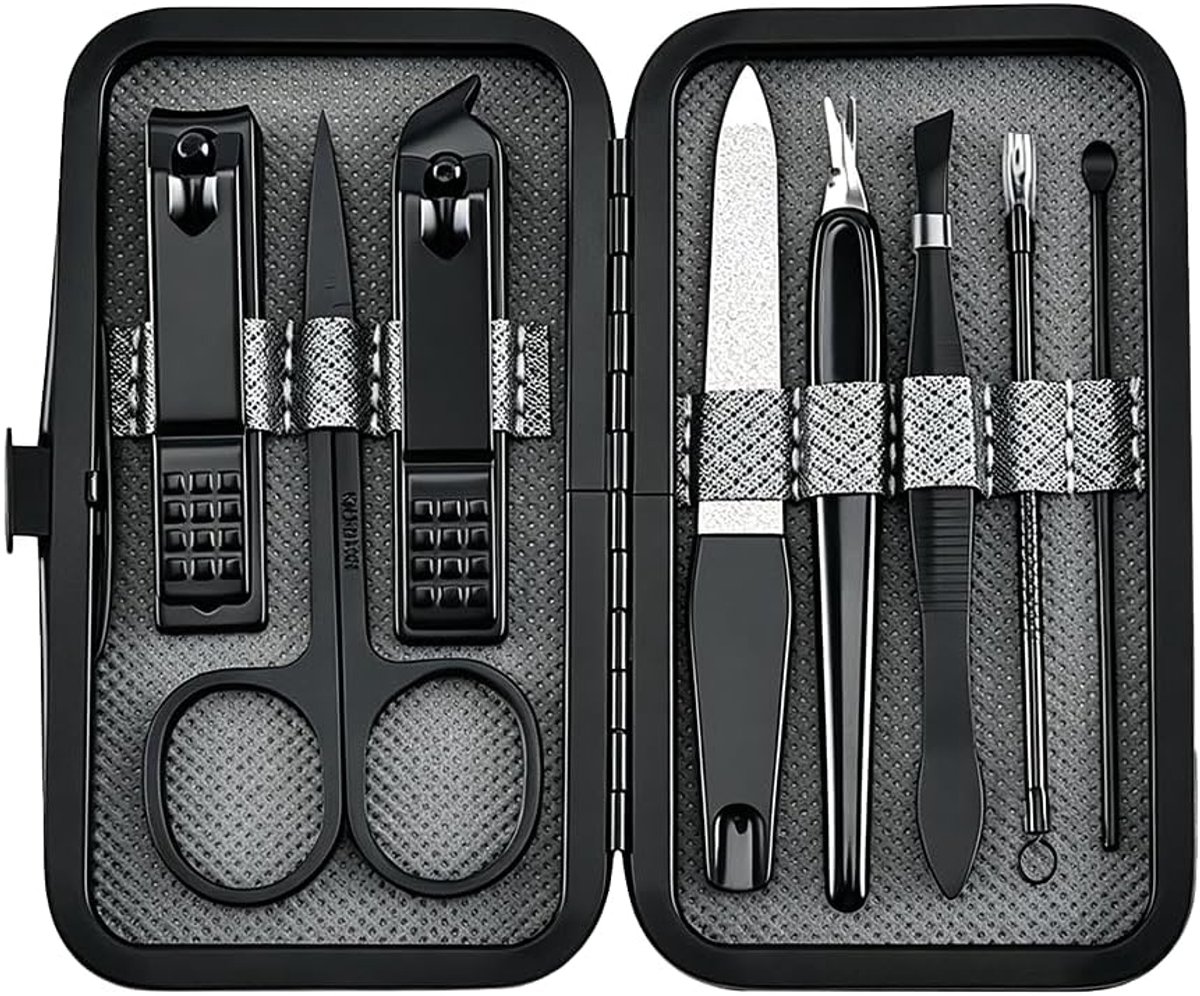 8-delige manicureset, compleet, grijs, van roestvrij staal, manicureset voor hand- en voetverzorging, draagbare - ShopVlot