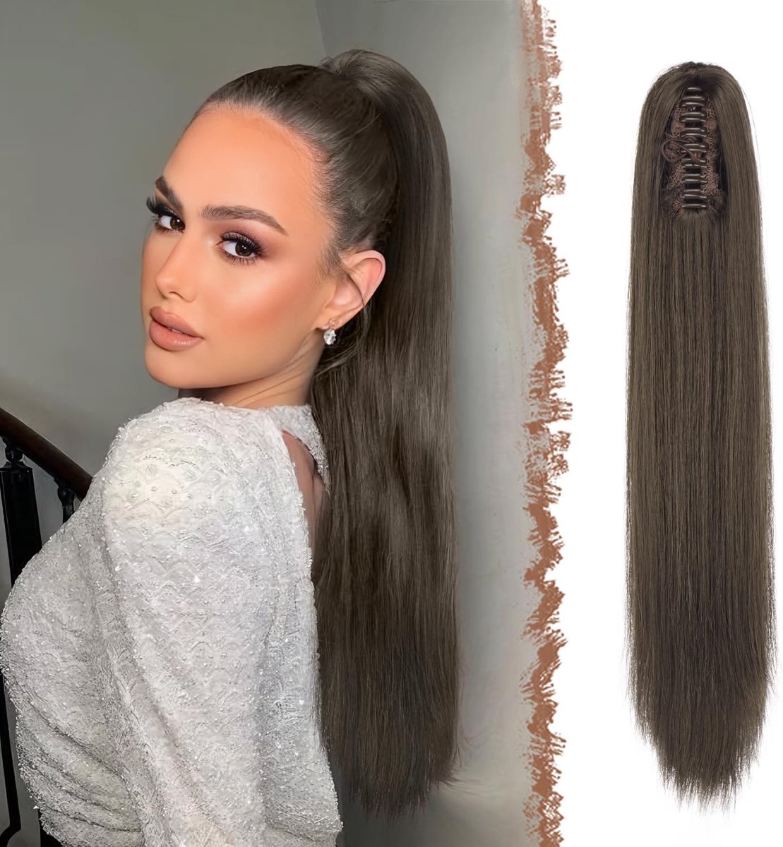 FESHFEN Long Straight Ponytail Extension - Natural Ponytails with Klamma Synthetic Hairpieces Brown Ponytail Hair - ShopVlot