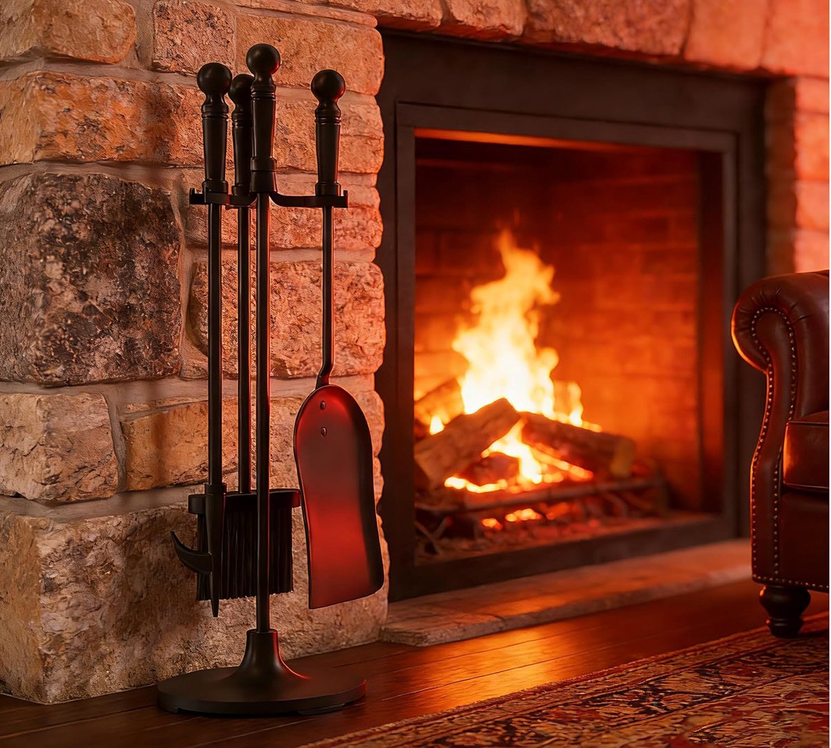 Kingson Cast Iron 4-Piece Fireplace Set Contains Brush, Shovel, Poker, Stand Dia16.5x53cm Fireplace Cutlery - ShopVlot