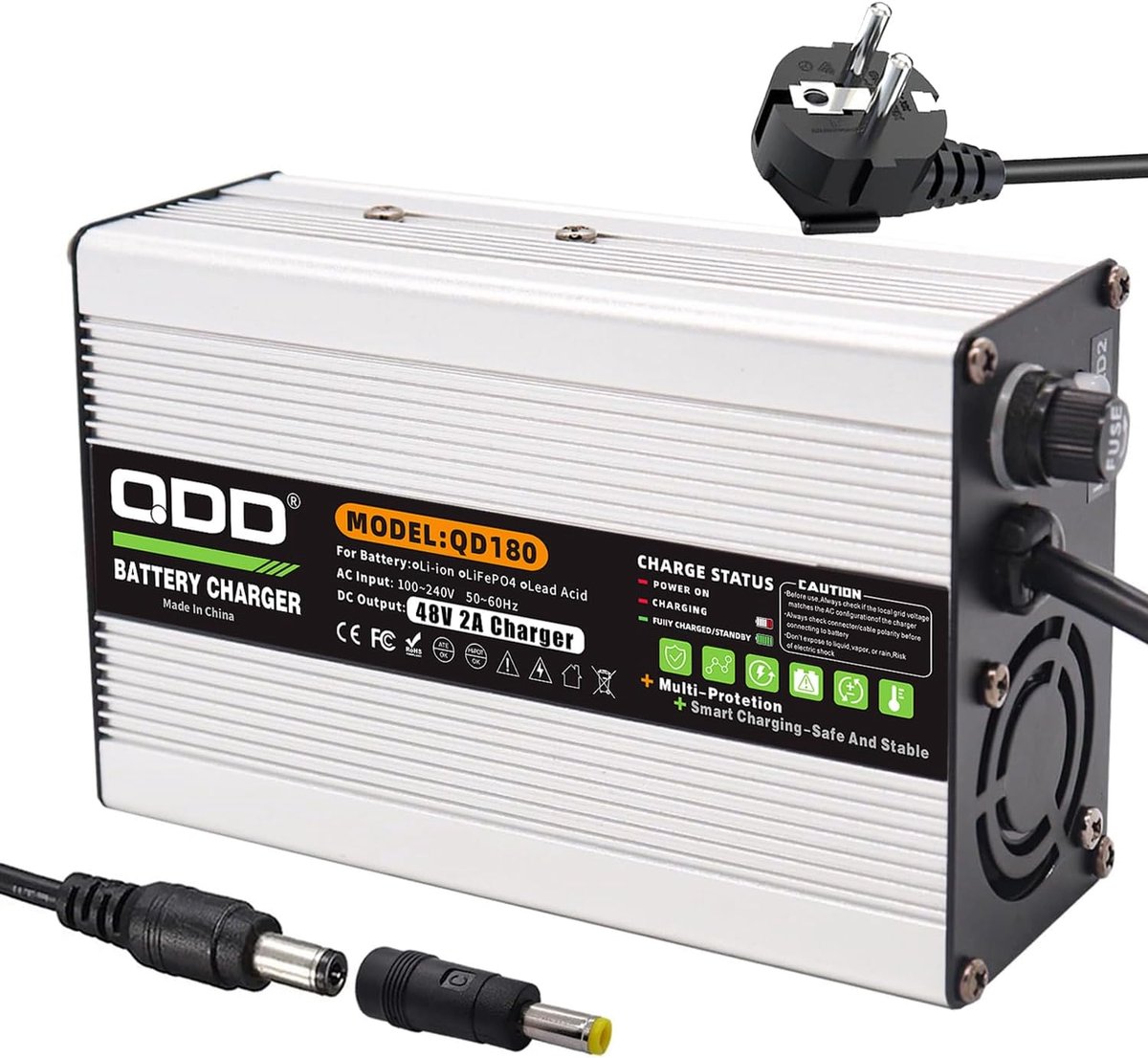 QDD 48V 2A lead-acid battery charger, AC 220-240V to DC 48V 2A, Charging interface: 5.5 x 2.1 mm/5.5 x 2.5 mm plug - ShopVlot