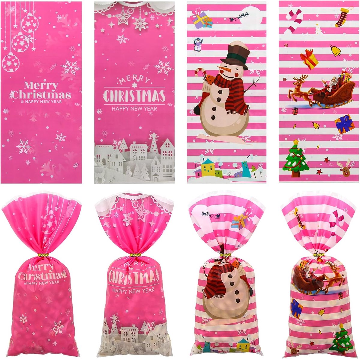 Snoepzakjes roze - 100 stuks met kerstprint - Gouden gedraaide banden - Perfect voor feestjes - ShopVlot